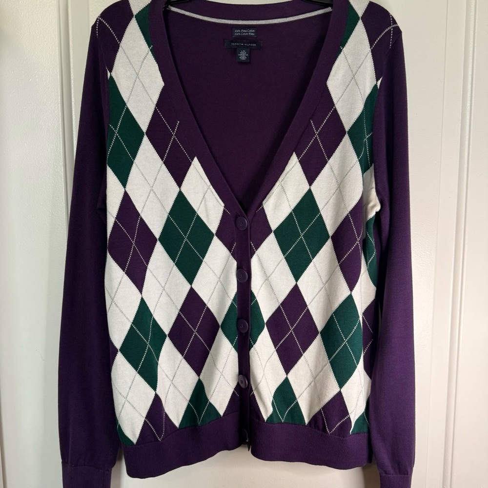 Purple Argyle Cardigan Sweater - Preppy, tennis, golf, country club, academia - Picture 2 of 6